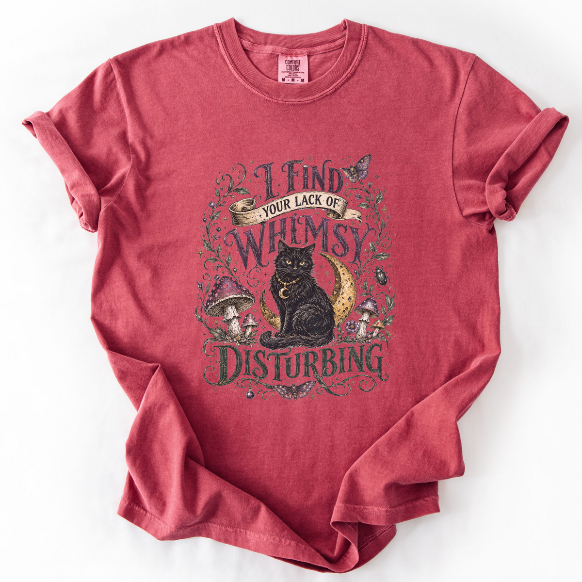 Lack of Whimsy Black Cat Vintage Graphic Tee | Foxfire & Fable - Crimson