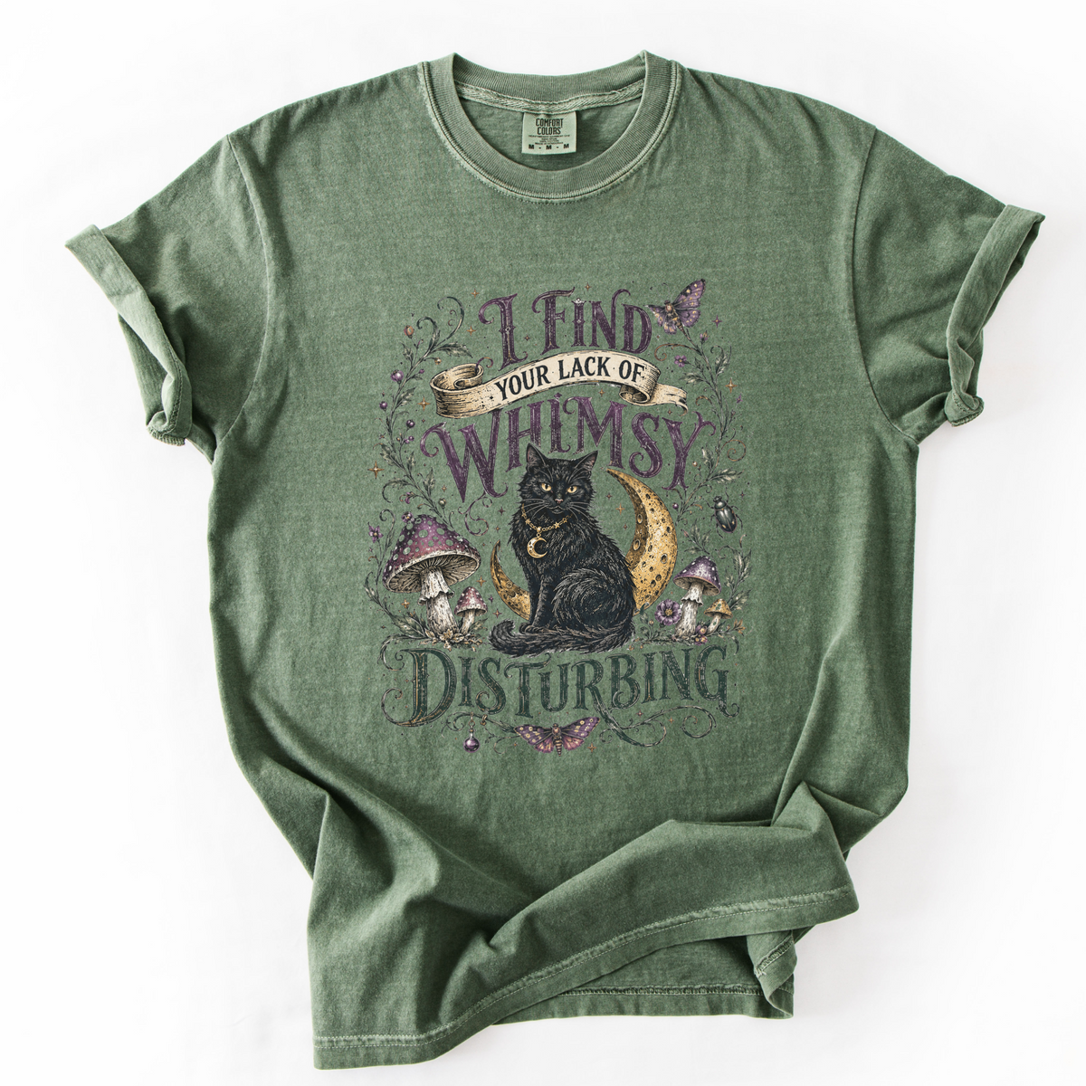 Lack of Whimsy Black Cat Vintage Graphic Tee | Foxfire & Fable - Moss