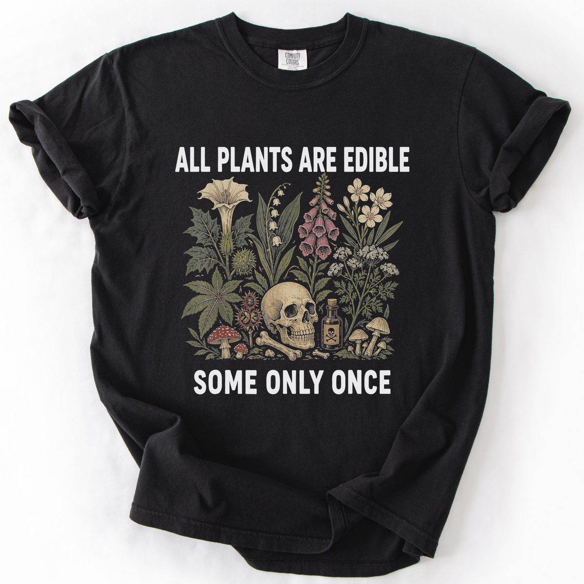 All Plants Are Edible Some Only Once Botanical T-Shirt | Foxfire & Fable - Black