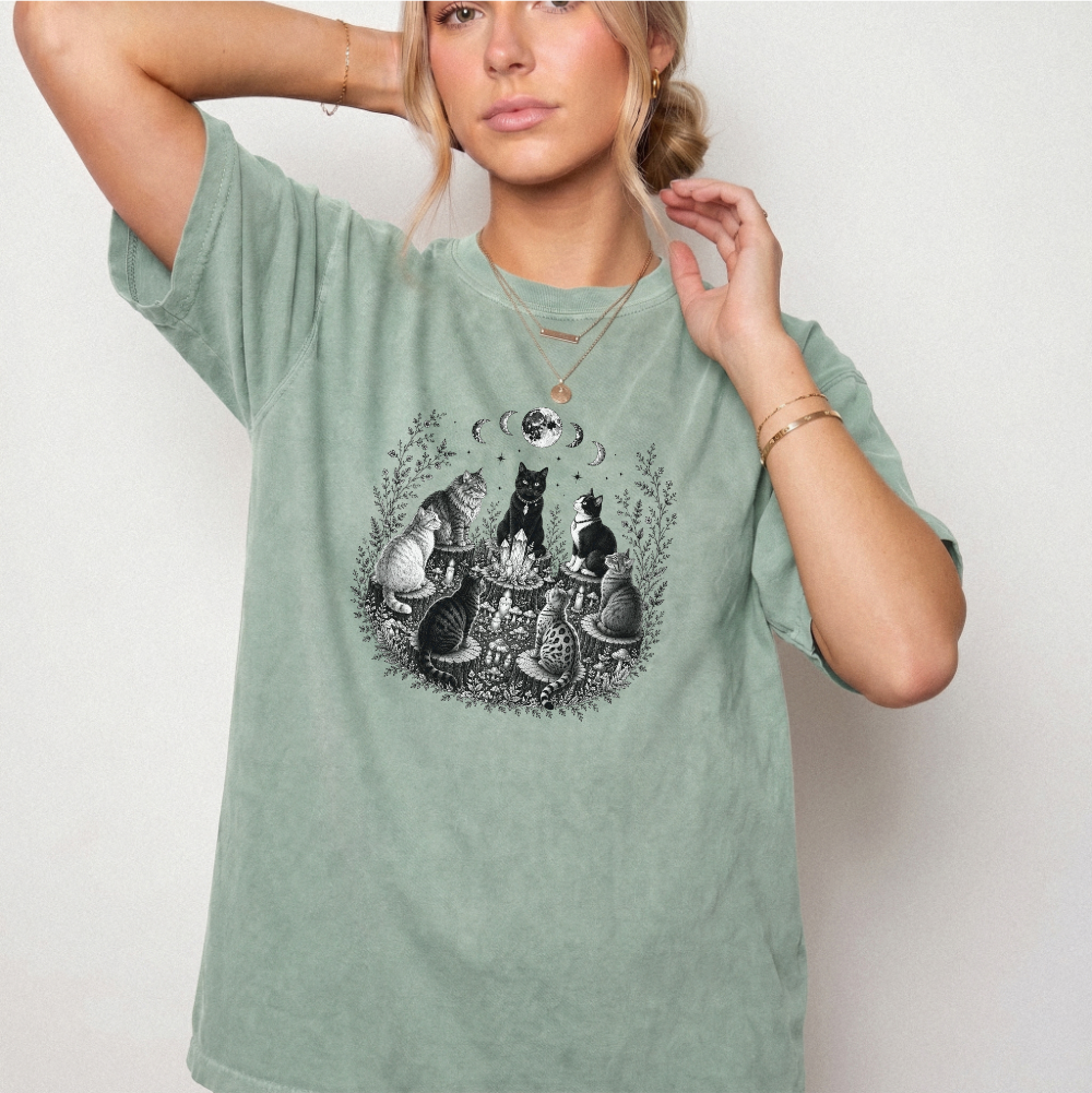 Mystical Cat Moon Phase Graphic Tee | Foxfire & Fable