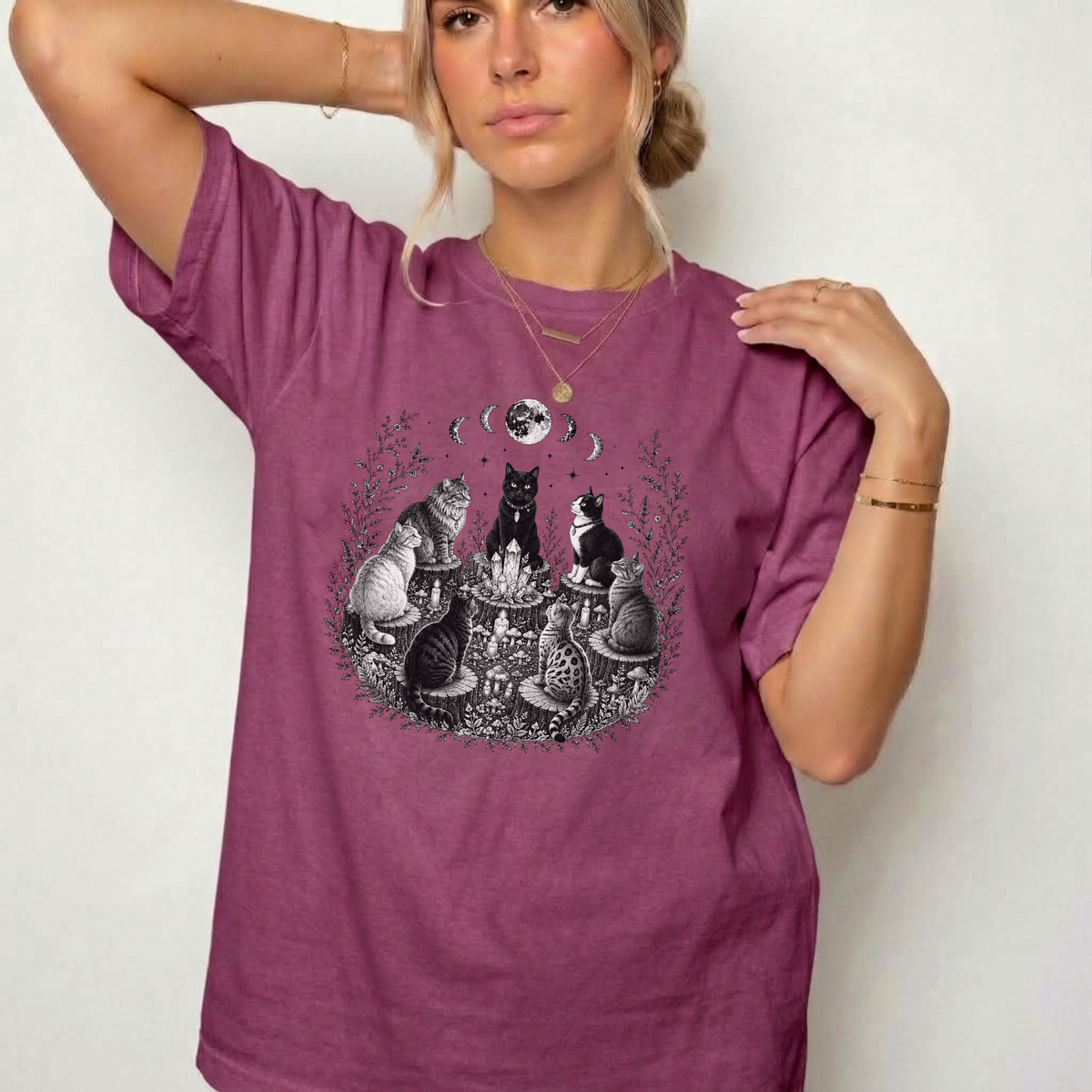 Mystical Cat Moon Phase Graphic Tee | Foxfire & Fable