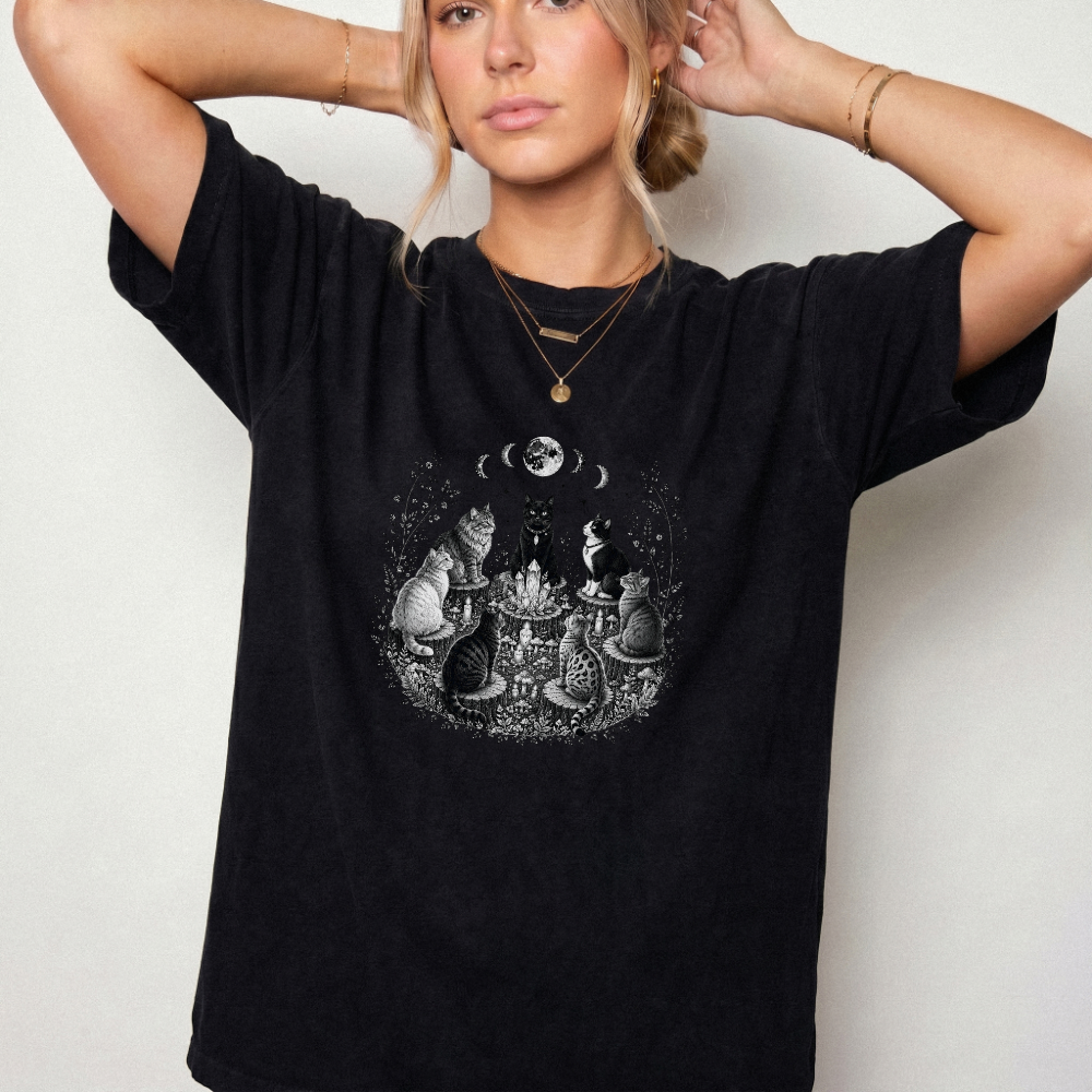 Mystical Cat Moon Phase Graphic Tee | Foxfire & Fable