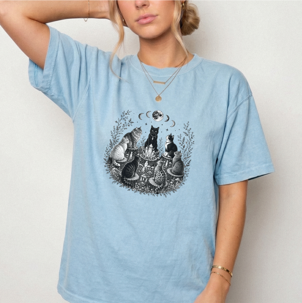 Mystical Cat Moon Phase Graphic Tee | Foxfire & Fable