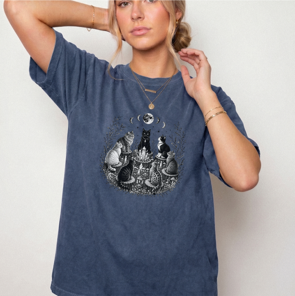 Mystical Cat Moon Phase Graphic Tee | Foxfire & Fable