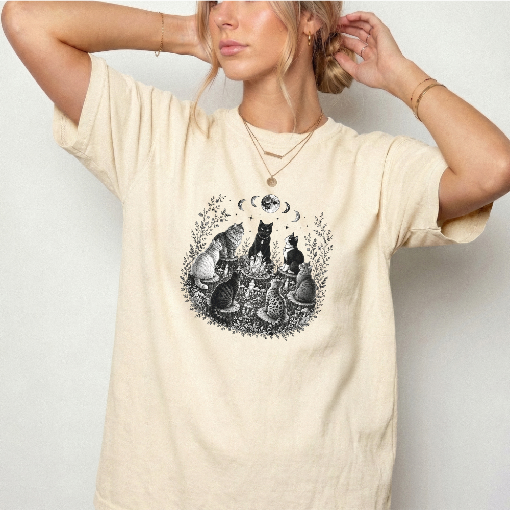 Mystical Cat Moon Phase Graphic Tee | Foxfire & Fable