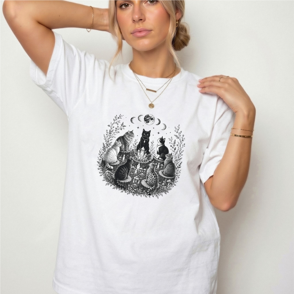 Mystical Cat Moon Phase Graphic Tee | Foxfire & Fable