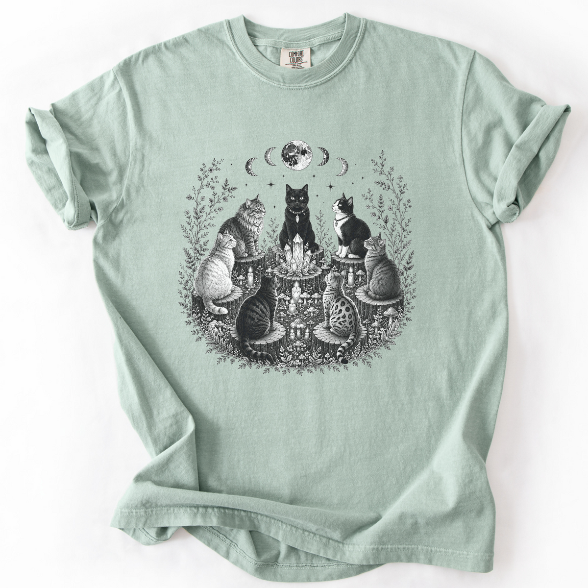 Mystical Cat Moon Phase Graphic Tee | Foxfire & Fable - Bay