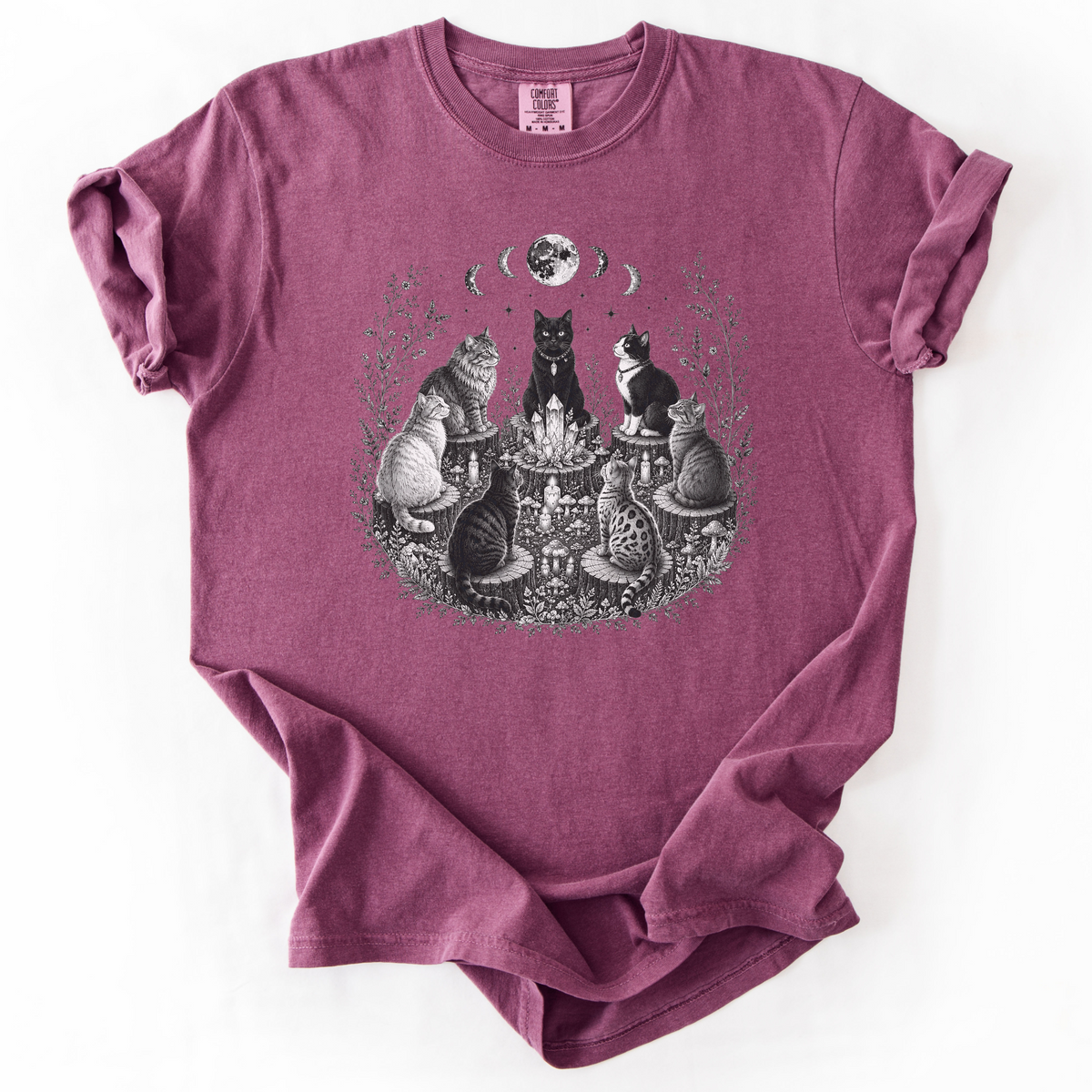 Mystical Cat Moon Phase Graphic Tee | Foxfire & Fable - Berry