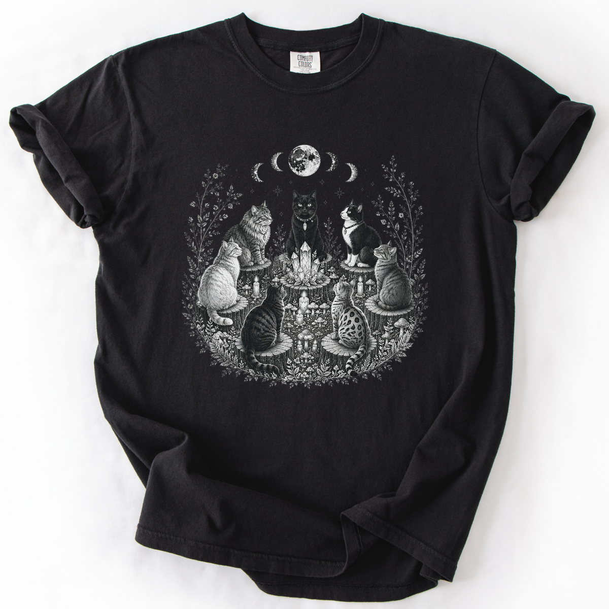 Mystical Cat Moon Phase Graphic Tee | Foxfire & Fable - Black