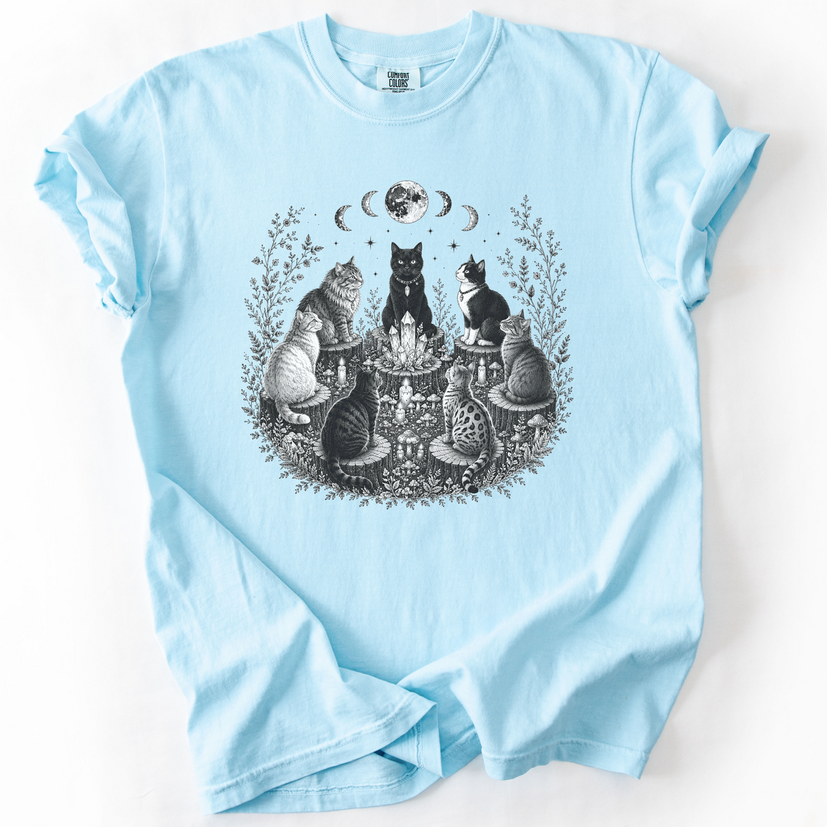 Mystical Cat Moon Phase Graphic Tee | Foxfire & Fable - Chambray
