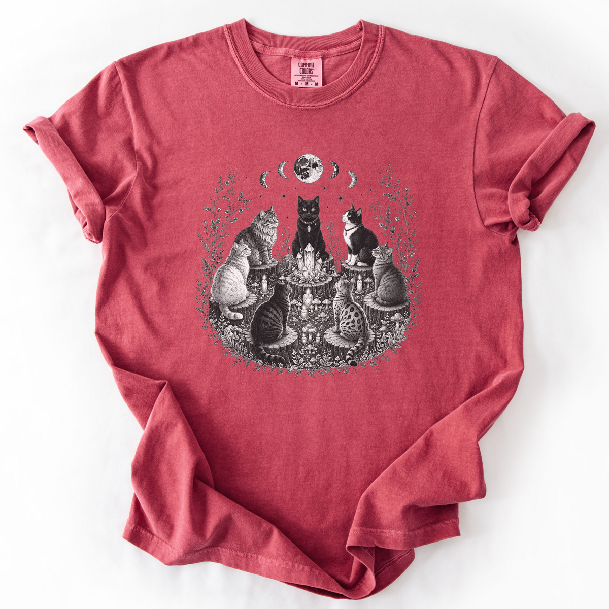 Mystical Cat Moon Phase Graphic Tee | Foxfire & Fable - Crimson
