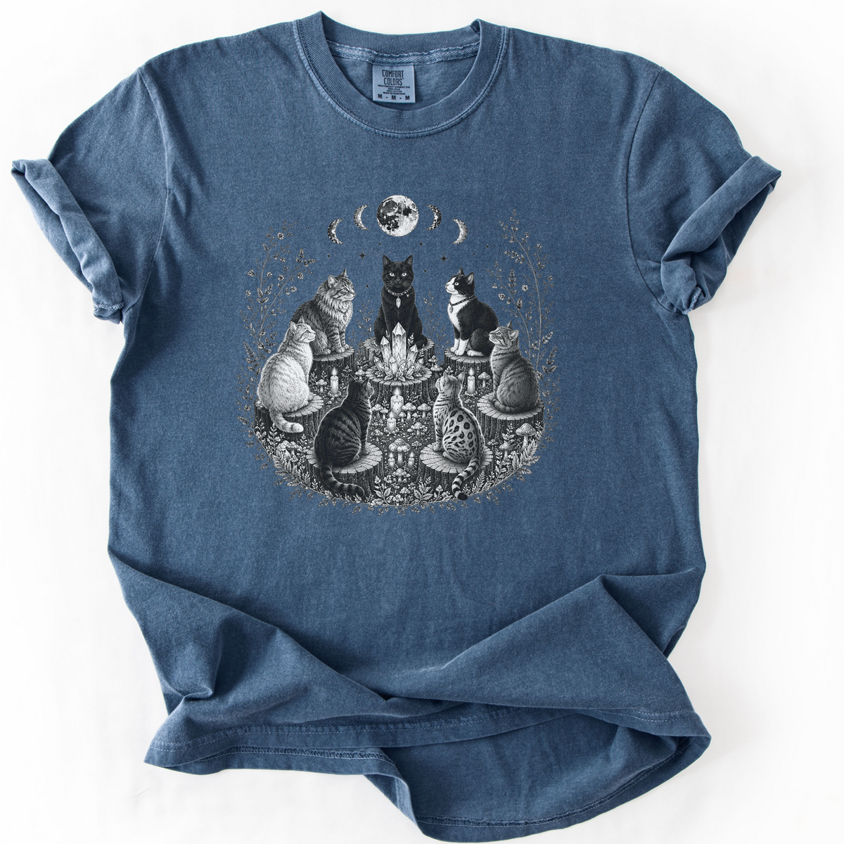 Mystical Cat Moon Phase Graphic Tee | Foxfire & Fable - Denim
