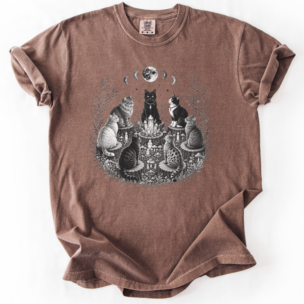 Mystical Cat Moon Phase Graphic Tee | Foxfire & Fable - Expresso