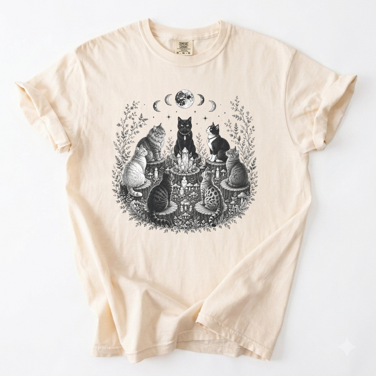 Mystical Cat Moon Phase Graphic Tee | Foxfire & Fable - Ivory