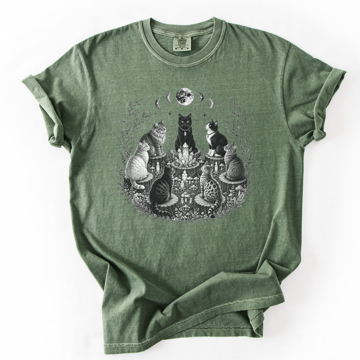 Mystical Cat Moon Phase Graphic Tee | Foxfire & Fable - Moss