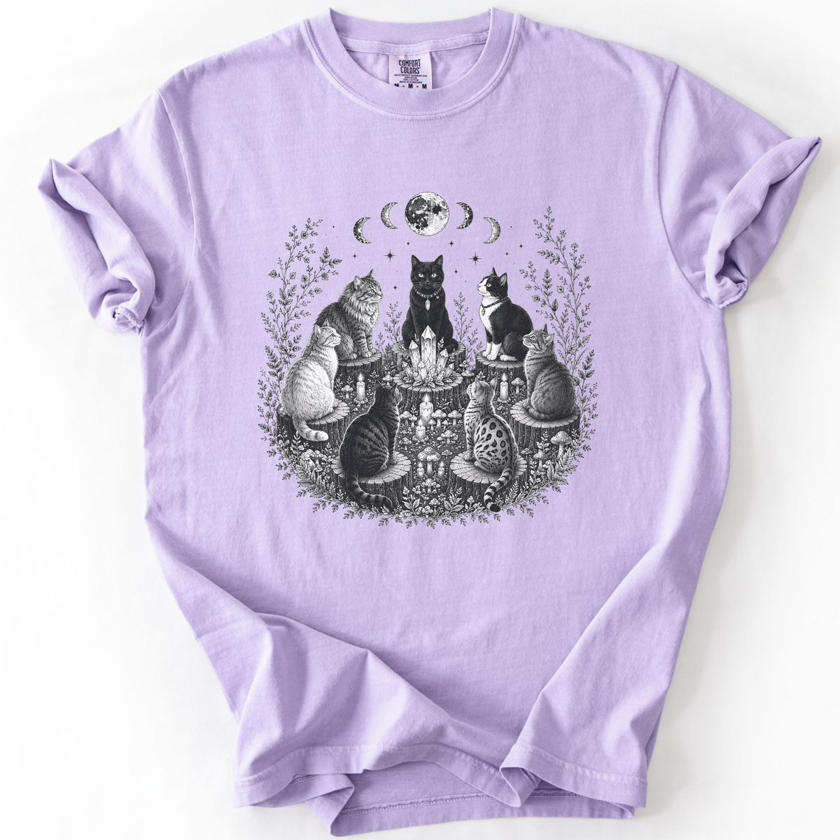 Mystical Cat Moon Phase Graphic Tee | Foxfire & Fable - Orchid