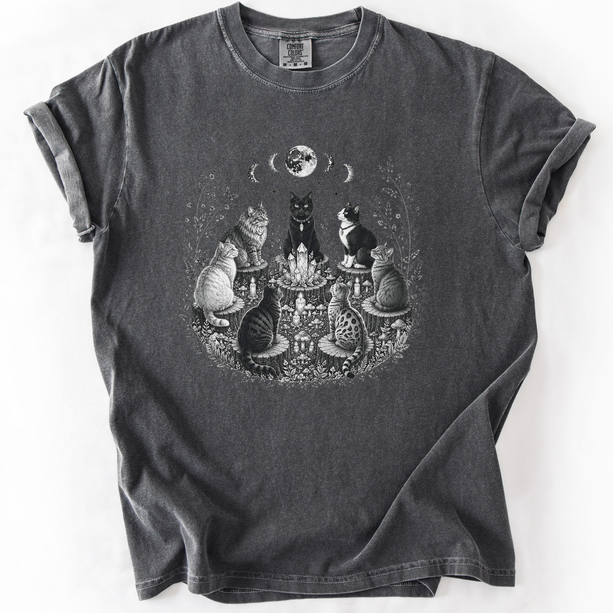 Mystical Cat Moon Phase Graphic Tee | Foxfire & Fable - Pepper