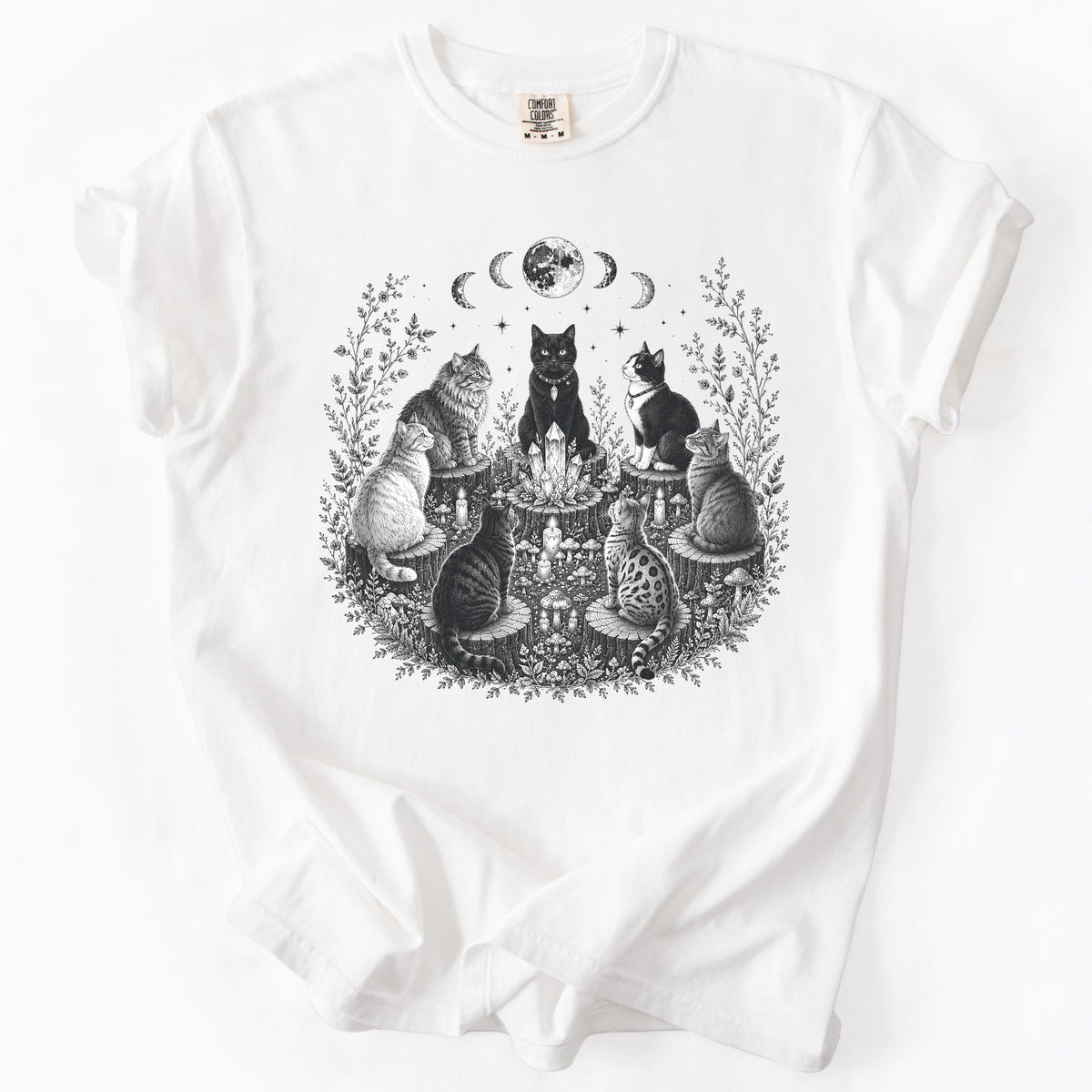 Mystical Cat Moon Phase Graphic Tee | Foxfire & Fable - White
