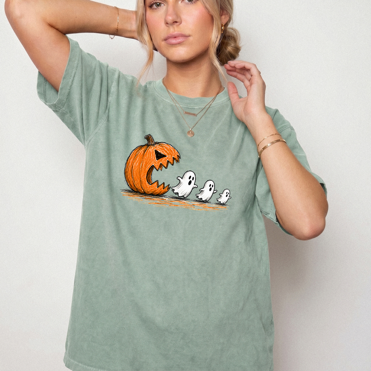 Spooky Ghost Chasing Pumpkin Vintage Graphic Tee | Foxfire & Fable