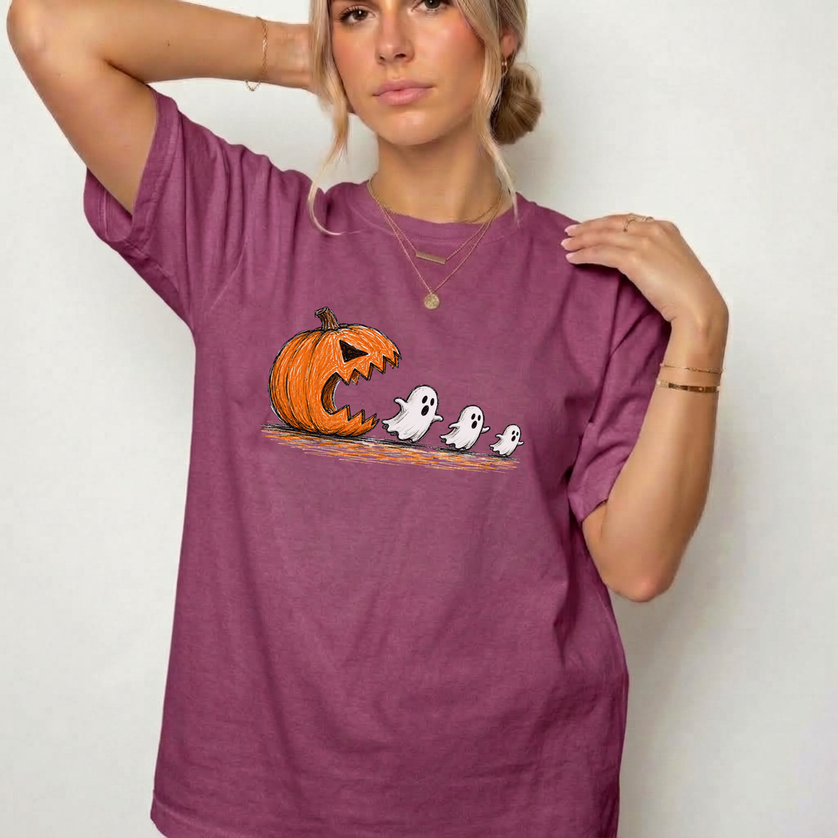 Spooky Ghost Chasing Pumpkin Vintage Graphic Tee | Foxfire & Fable