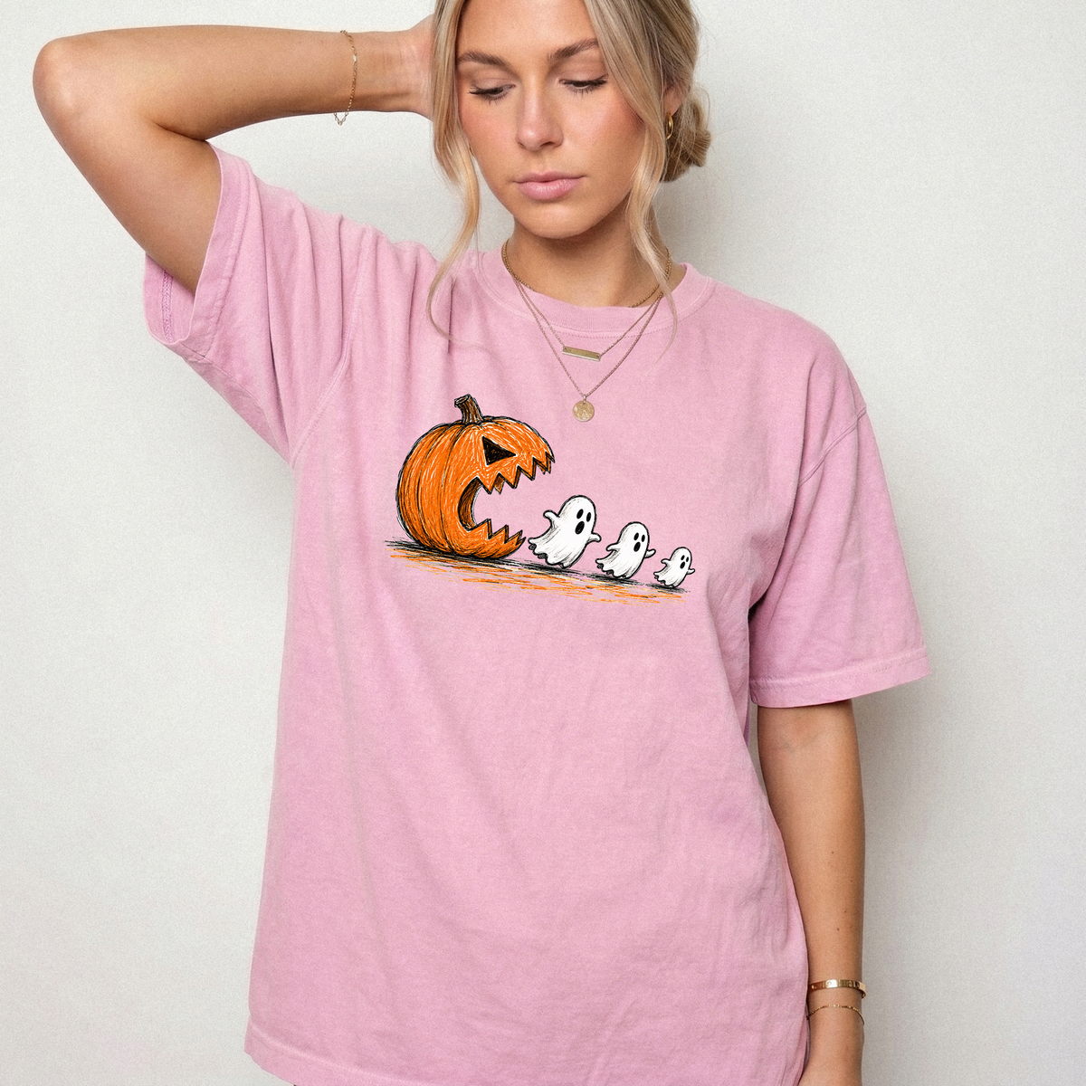 Spooky Ghost Chasing Pumpkin Vintage Graphic Tee | Foxfire & Fable