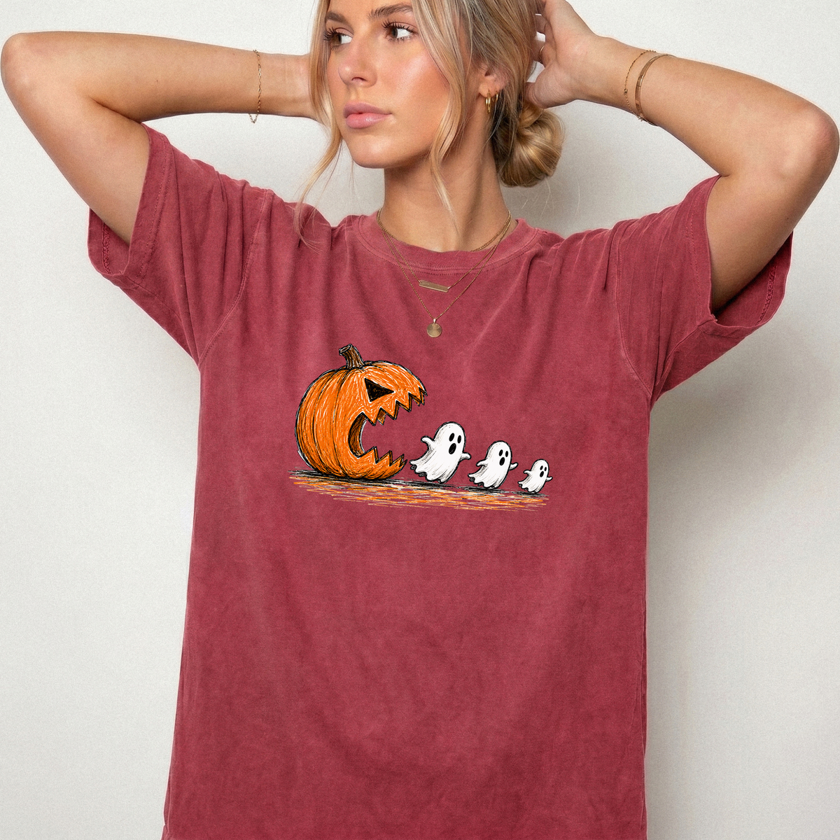 Spooky Ghost Chasing Pumpkin Vintage Graphic Tee | Foxfire & Fable