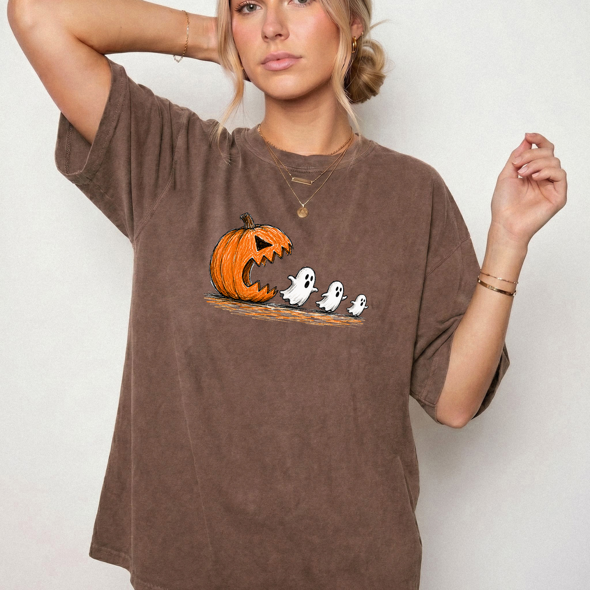 Spooky Ghost Chasing Pumpkin Vintage Graphic Tee | Foxfire & Fable