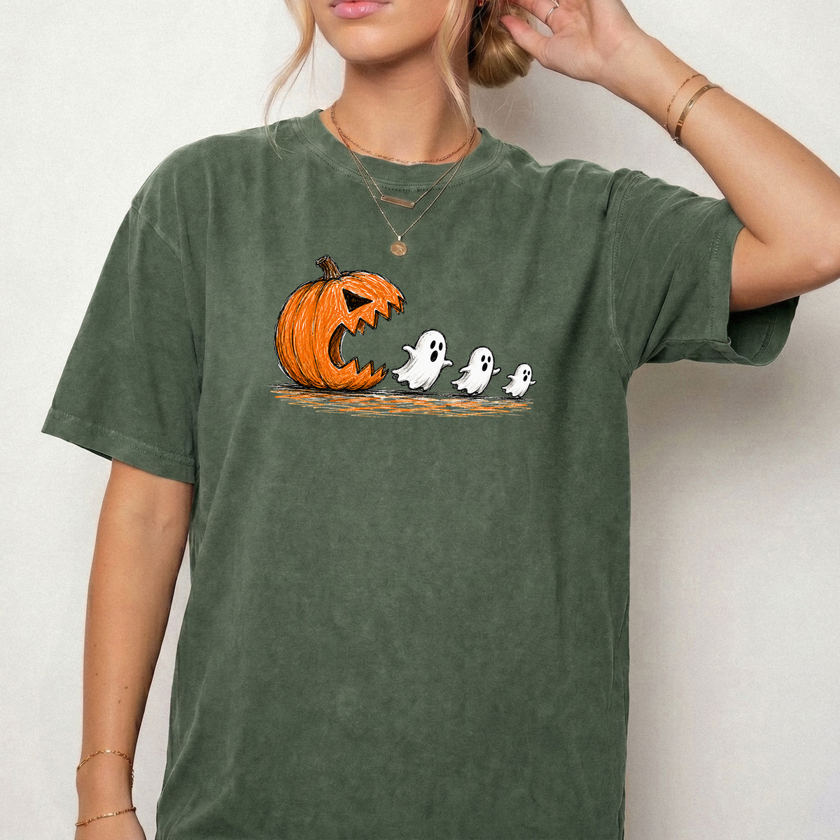 Spooky Ghost Chasing Pumpkin Vintage Graphic Tee | Foxfire & Fable