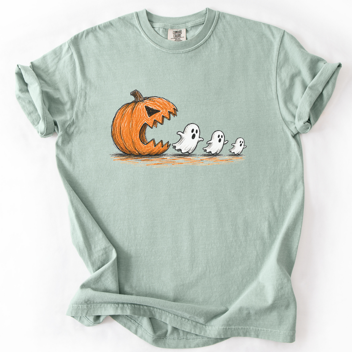 Spooky Ghost Chasing Pumpkin Vintage Graphic Tee | Foxfire & Fable - Bay