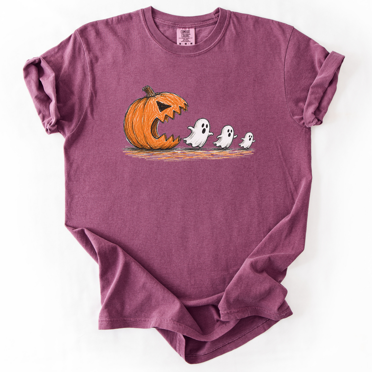 Spooky Ghost Chasing Pumpkin Vintage Graphic Tee | Foxfire & Fable - Berry