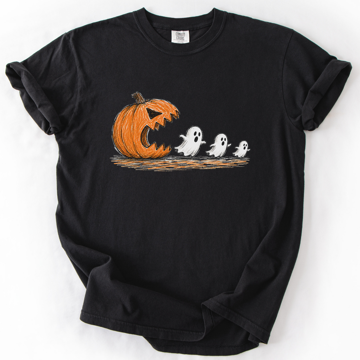 Spooky Ghost Chasing Pumpkin Vintage Graphic Tee | Foxfire & Fable - Black