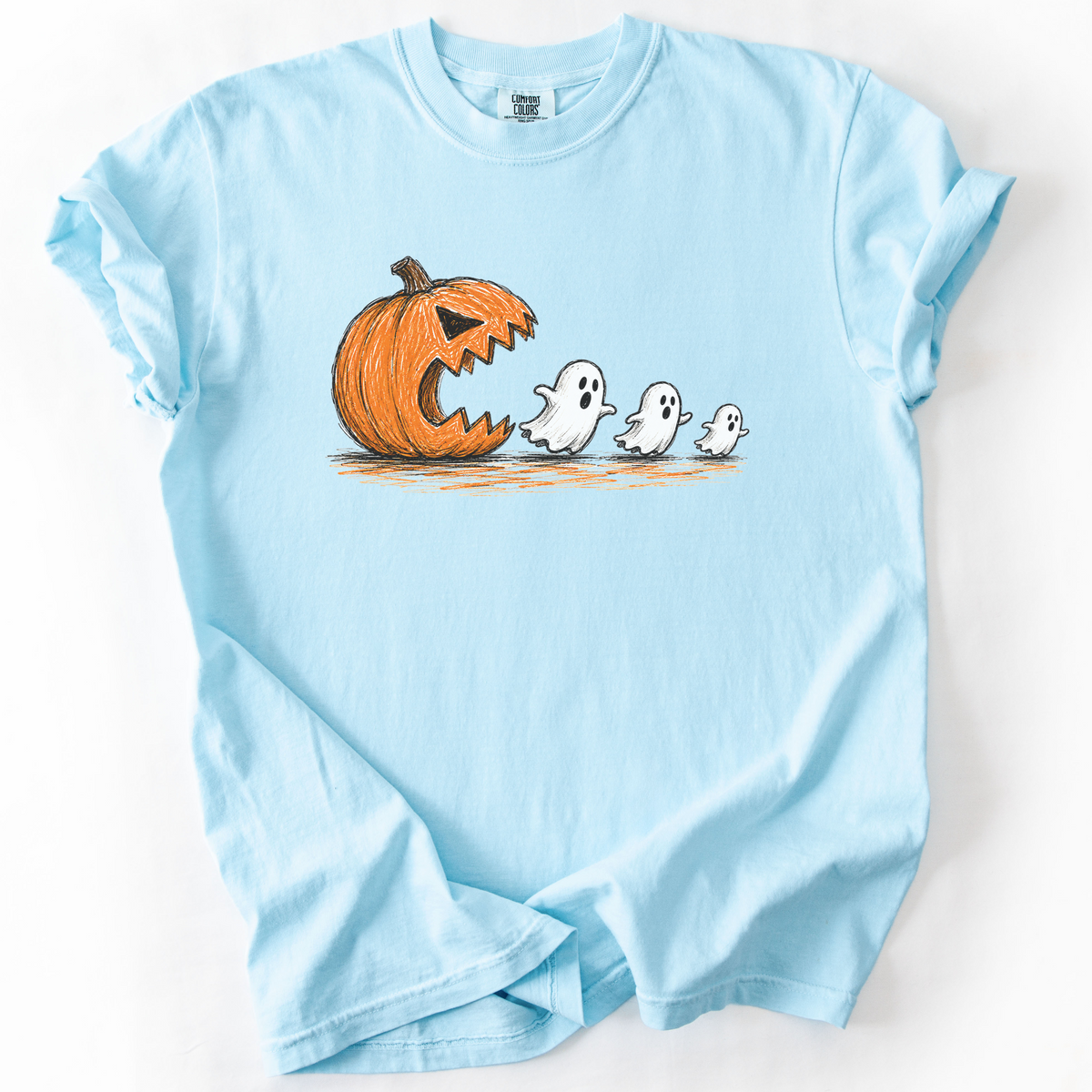 Spooky Ghost Chasing Pumpkin Vintage Graphic Tee | Foxfire & Fable - Chambray