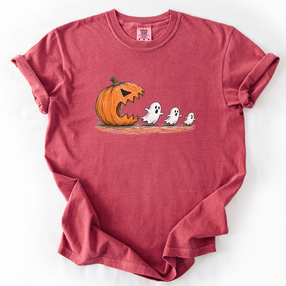 Spooky Ghost Chasing Pumpkin Vintage Graphic Tee | Foxfire & Fable - Crimson
