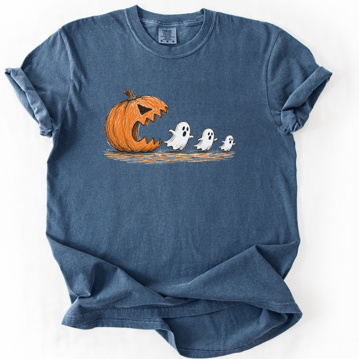 Spooky Ghost Chasing Pumpkin Vintage Graphic Tee | Foxfire & Fable - Denim