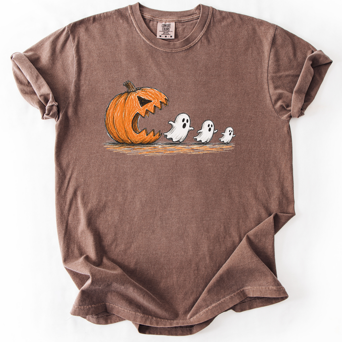 Spooky Ghost Chasing Pumpkin Vintage Graphic Tee | Foxfire & Fable - Expresso