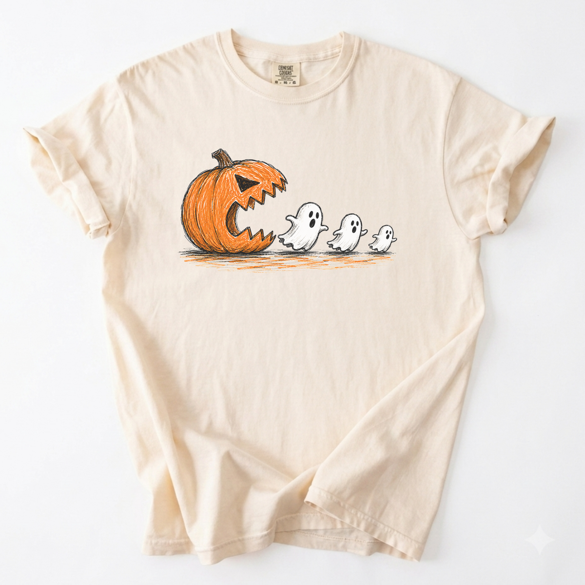 Spooky Ghost Chasing Pumpkin Vintage Graphic Tee | Foxfire & Fable - Ivory