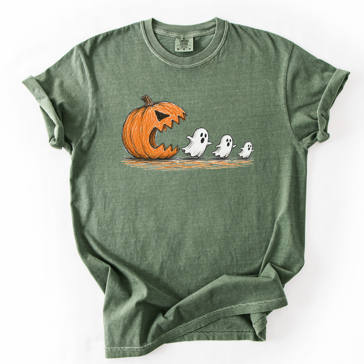 Spooky Ghost Chasing Pumpkin Vintage Graphic Tee | Foxfire & Fable - Moss