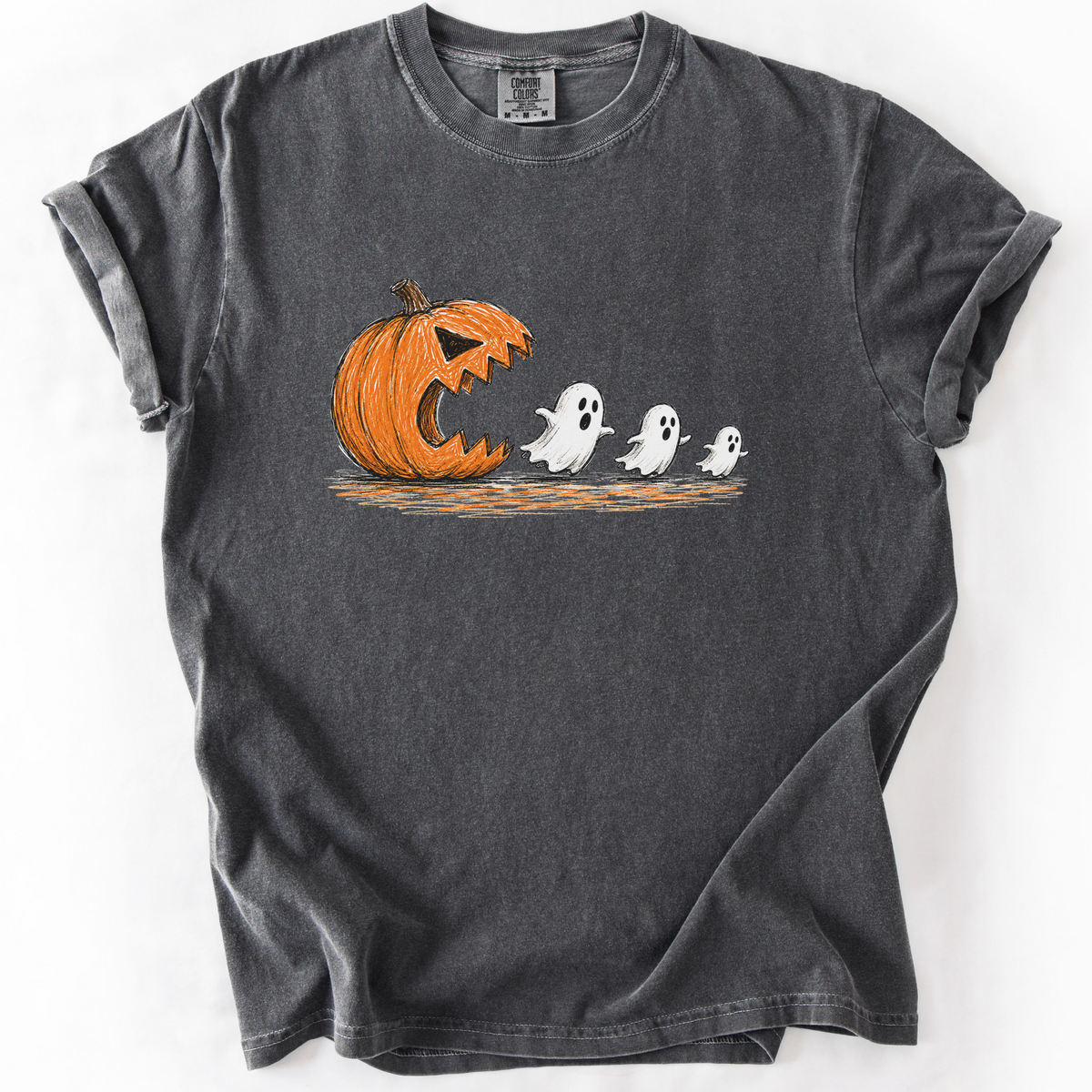 Spooky Ghost Chasing Pumpkin Vintage Graphic Tee | Foxfire & Fable - Pepper
