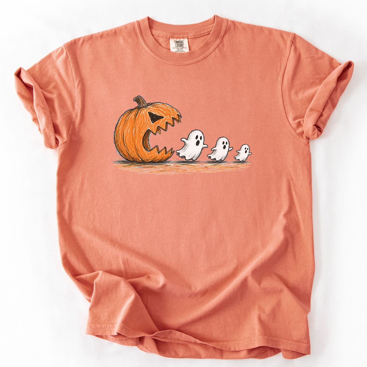 Spooky Ghost Chasing Pumpkin Vintage Graphic Tee | Foxfire & Fable - Terracotta