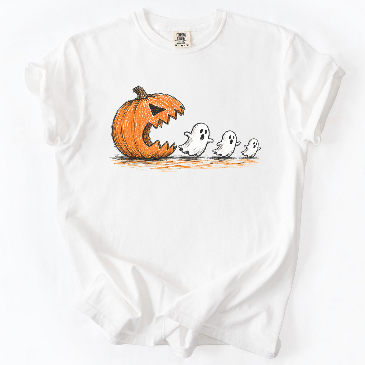 Spooky Ghost Chasing Pumpkin Vintage Graphic Tee | Foxfire & Fable - White