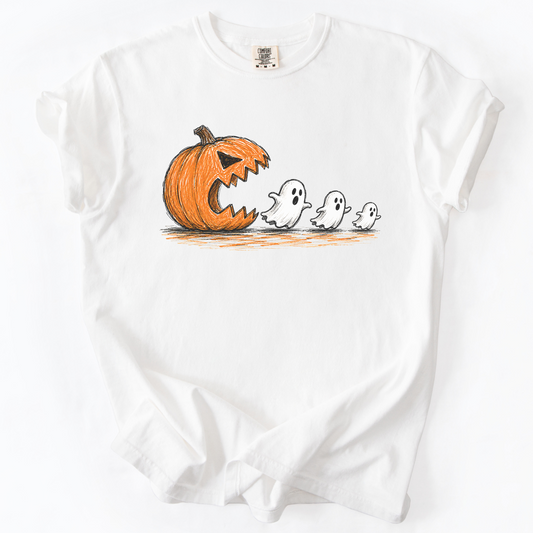 Spooky Ghost Chasing Pumpkin Vintage Graphic Tee | Foxfire & Fable - White