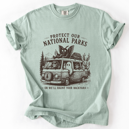 National Parks Cryptid Camping Graphic Tee | Foxfire & Fable - Bay