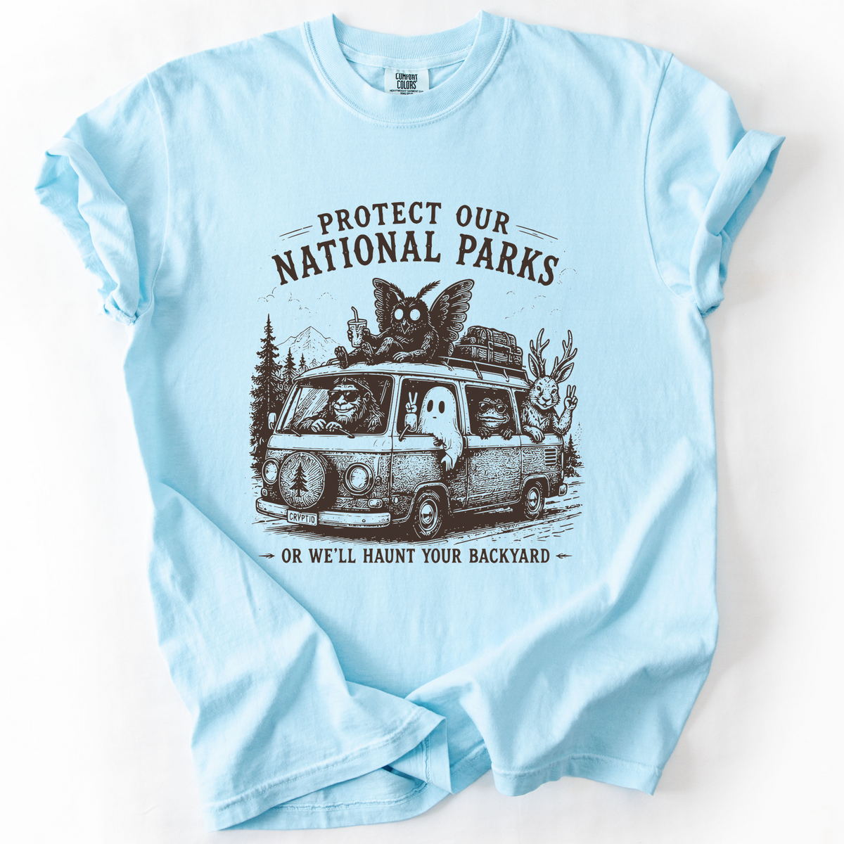 National Parks Cryptid Camping Graphic Tee | Foxfire & Fable - Chambray
