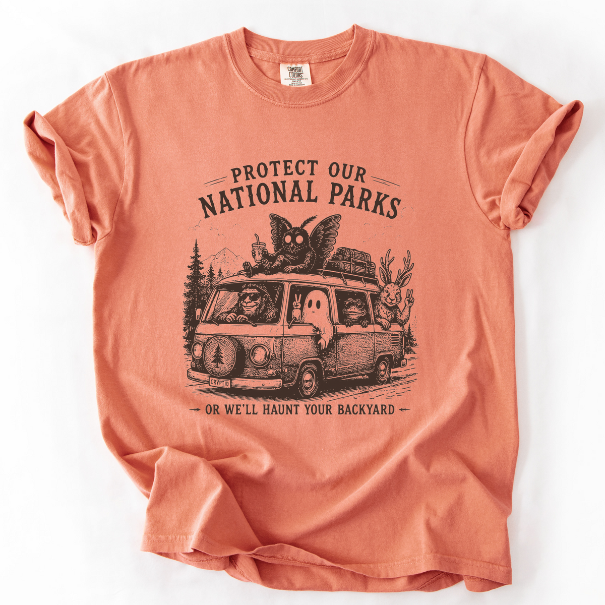 National Parks Cryptid Camping Graphic Tee | Foxfire & Fable - Terracotta