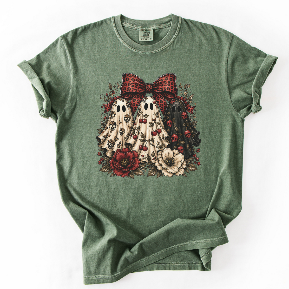 Spooky Ghost Bow Vintage Graphic Tee | Foxfire & Fable - Moss