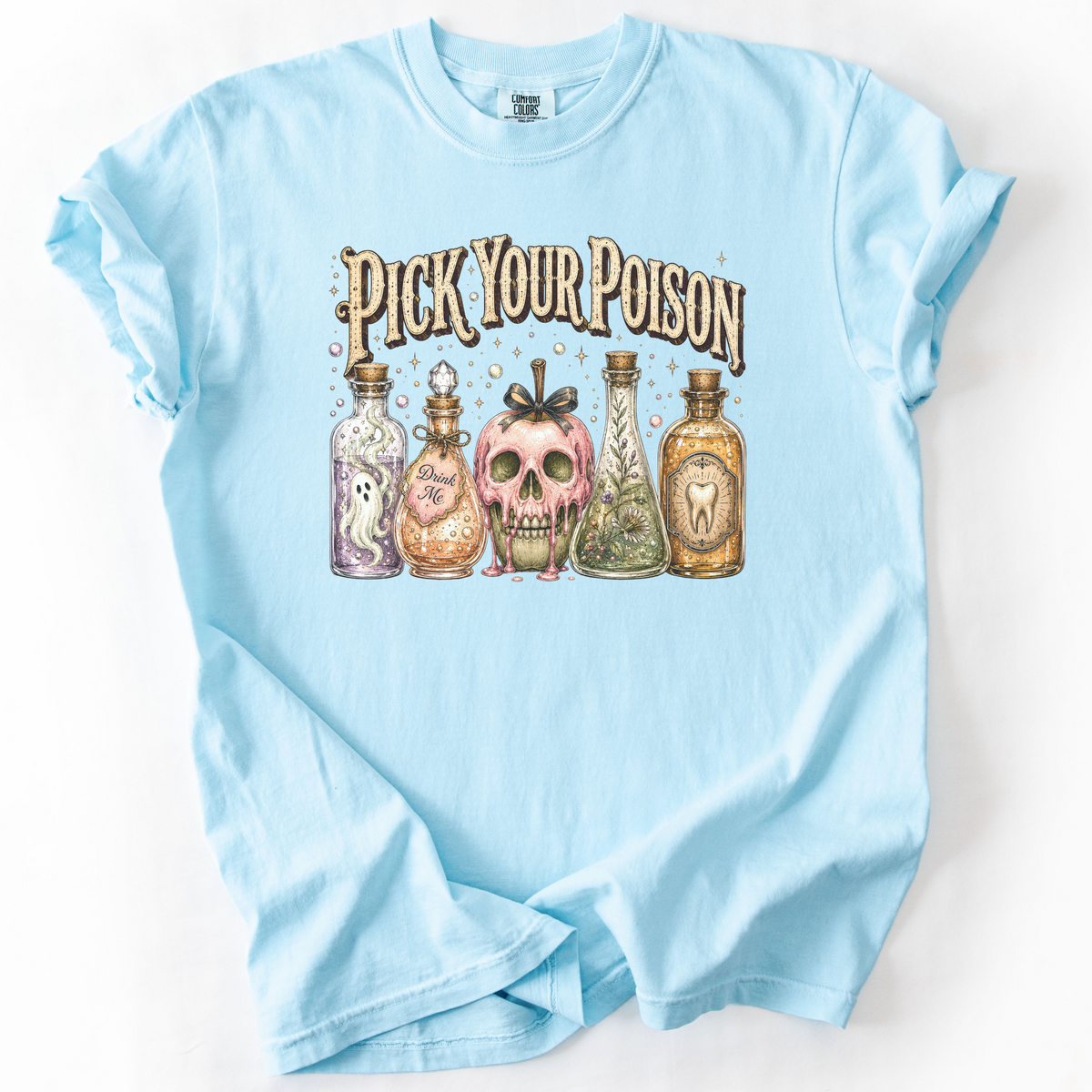Pick Your Poison Potion Bottle Witchy Graphic Tee | Foxfire & Fable - Chambray