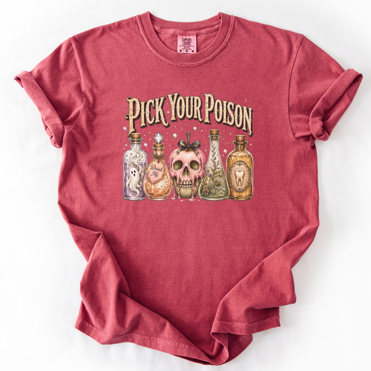 Pick Your Poison Potion Bottle Witchy Graphic Tee | Foxfire & Fable - Crimson