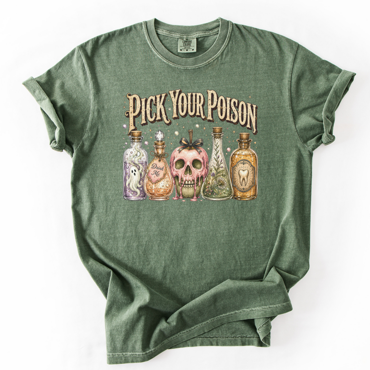 Pick Your Poison Potion Bottle Witchy Graphic Tee | Foxfire & Fable - Moss