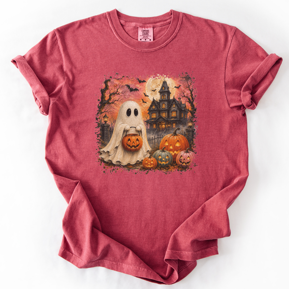 Vintage Spooky Ghost Halloween Graphic Tee | Foxfire & Fable - Crimson