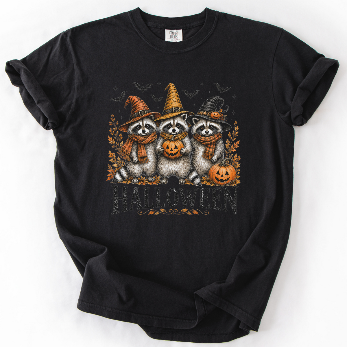 Vintage Halloween Raccoons Witch Hat Graphic Tee | Foxfire & Fable - Black